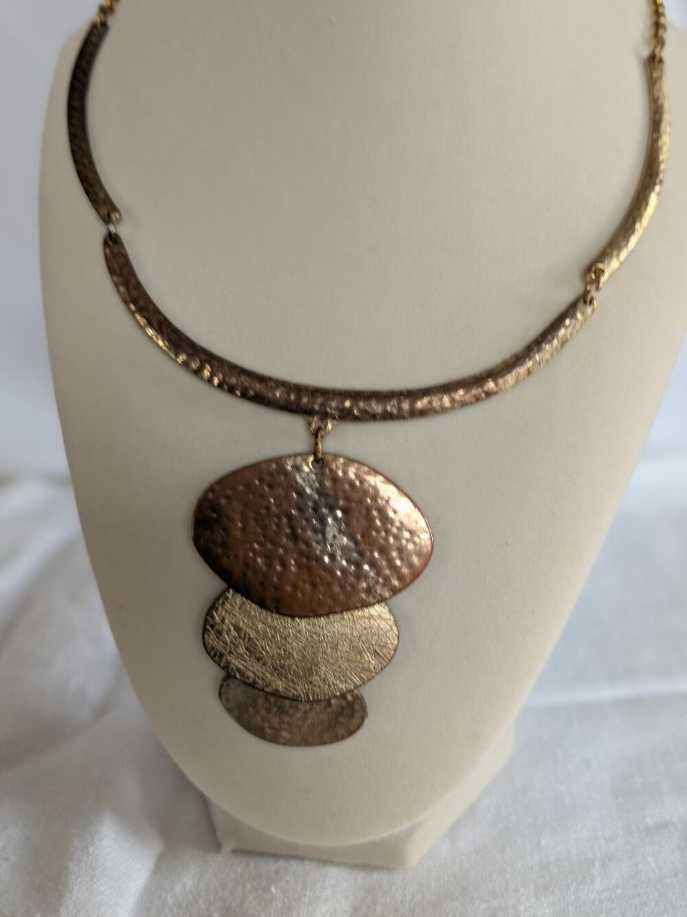 Hammered Mixed Metal Toned Bib Drop Necklace Statement Brutalist